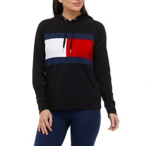 BLACK Tommy Hilfiger Sport Women's Long Raglan Sleeve Hooded Flag T-Shirt LARGE